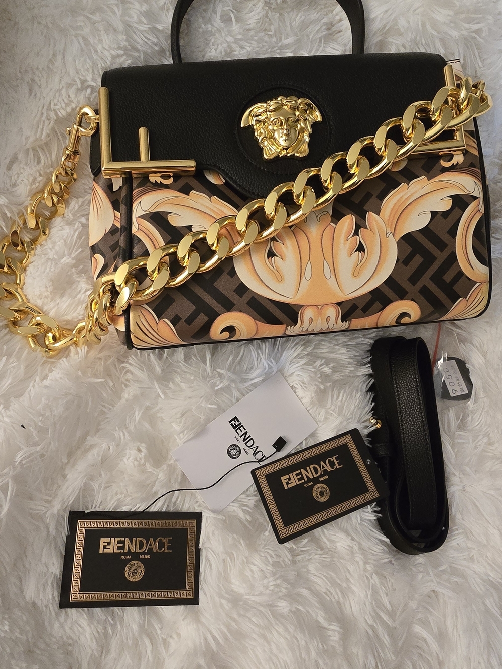 Versace Black and Gold Baroque-Print Crossbody Bag